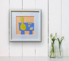 Lemons on Blue Table with Vase