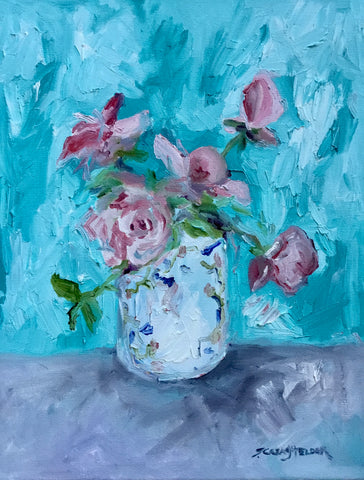 Garden Roses in a Painted Vase